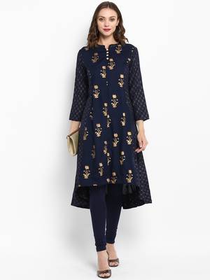 Navy Blue Rayon Printed A Line Kurta 5
