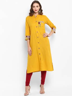Mustard plain cotton kurtas-and-kurtis 1