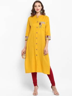 Mustard plain cotton kurtas-and-kurtis 5