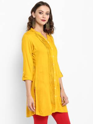Mustard plain rayon short-kurtis 4