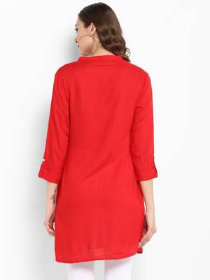 Red plain rayon short-kurtis 3