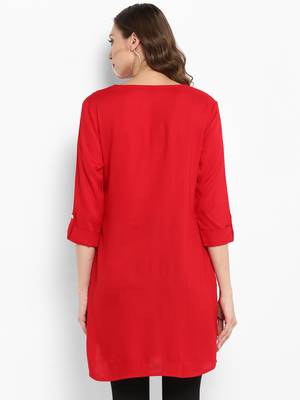 Red plain rayon short-kurtis 3