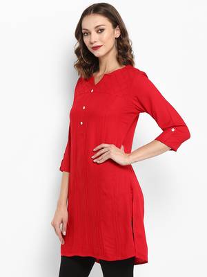 Red plain rayon short-kurtis 4