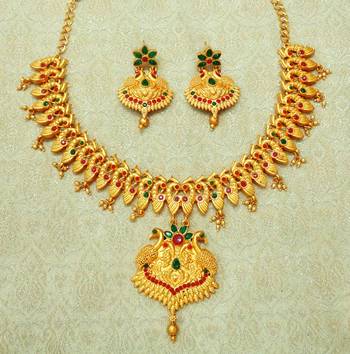 Matt finish maroon green temple necklace earring jewellery set 1