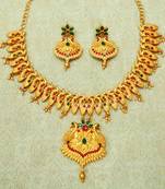 Matt finish maroon green temple necklace earring jewellery set