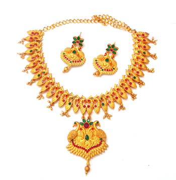 Matt finish maroon green temple necklace earring jewellery set 2