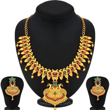 Matt finish maroon green temple necklace earring jewellery set 3