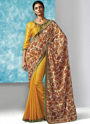 Yellow Printed Work Liva And Silk saree with blouse 1