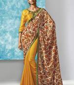 Yellow Printed Work Liva And Silk saree with blouse