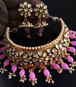 Traditional Pink Colour Beads Neck Fit Necklace Set For Women Jewellery