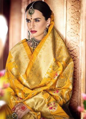 Yellow woven banarasi saree with blouse 2