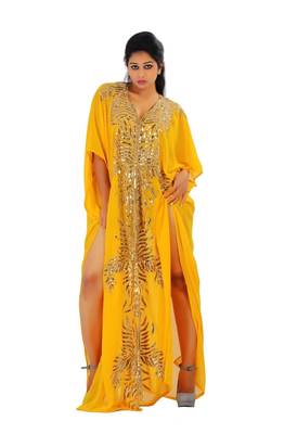 Yellow georgette embriodery islamic kaftans 3