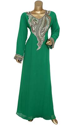Green Embroidered Crystal & Beads Embellished Traditional Chiffon Kaftan Gown 1