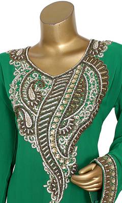 Green Embroidered Crystal & Beads Embellished Traditional Chiffon Kaftan Gown 3
