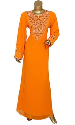 Orange Embroidered Crystal Embellished Traditional Chiffon Kaftan Gown 1