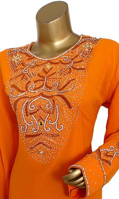 Orange Embroidered Crystal Embellished Traditional Chiffon Kaftan Gown 3