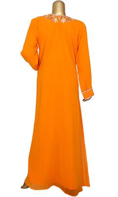 Orange Embroidered Crystal Embellished Traditional Chiffon Kaftan Gown 4