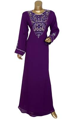Purple Embroidered Crystal Embellished Traditional Chiffon Kaftan Gown 1
