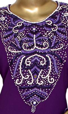 Purple Embroidered Crystal Embellished Traditional Chiffon Kaftan Gown 2