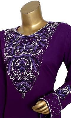 Purple Embroidered Crystal Embellished Traditional Chiffon Kaftan Gown 3