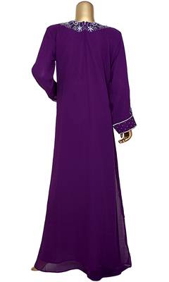 Purple Embroidered Crystal Embellished Traditional Chiffon Kaftan Gown 4