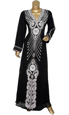 Black Embroidered Crystal & Beads Embellished Traditional Chiffon Kaftan Gown 1