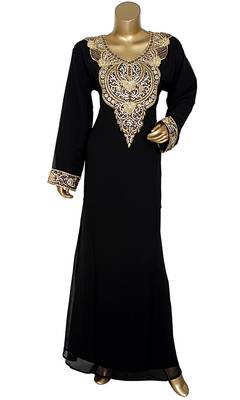 Black Embroidered Crystal & Beads Embellished Traditional Chiffon Kaftan Gown 1