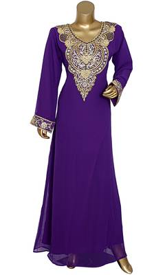 Purple Embroidered Crystal & Beads Embellished Traditional Chiffon Kaftan Gown 1