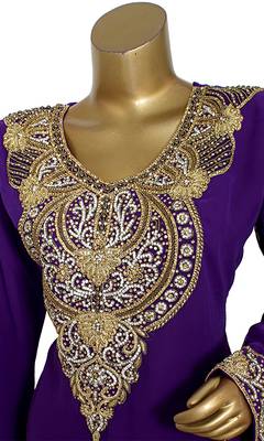 Purple Embroidered Crystal & Beads Embellished Traditional Chiffon Kaftan Gown 3