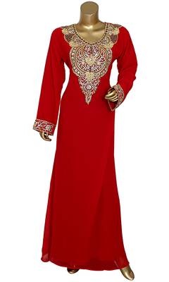 Red Embroidered Crystal & Beads Embellished Traditional Chiffon Kaftan Gown 1