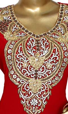 Red Embroidered Crystal & Beads Embellished Traditional Chiffon Kaftan Gown 2