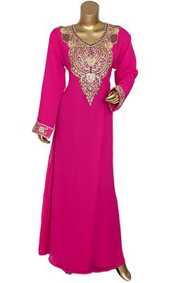 Fuchsia Pink Embroidered Crystal & Beads Embellished Traditional Chiffon Kaftan Gown 1