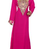 Fuchsia Pink Embroidered Crystal & Beads Embellished Traditional Chiffon Kaftan Gown