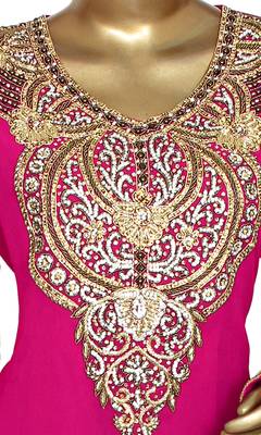 Fuchsia Pink Embroidered Crystal & Beads Embellished Traditional Chiffon Kaftan Gown 2