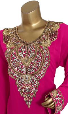 Fuchsia Pink Embroidered Crystal & Beads Embellished Traditional Chiffon Kaftan Gown 3