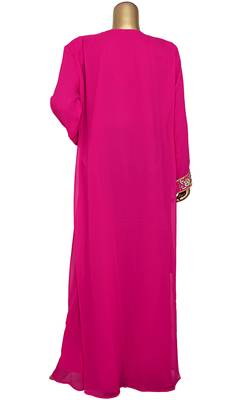 Fuchsia Pink Embroidered Crystal & Beads Embellished Traditional Chiffon Kaftan Gown 4