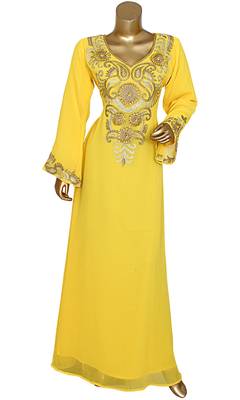 Yellow Embroidered Crystal Embellished Traditional Chiffon Kaftan Gown 1