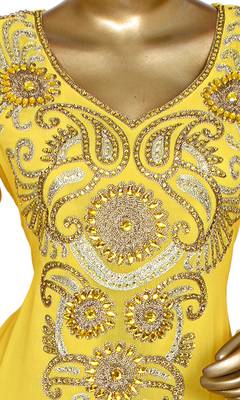 Yellow Embroidered Crystal Embellished Traditional Chiffon Kaftan Gown 2