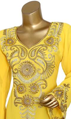 Yellow Embroidered Crystal Embellished Traditional Chiffon Kaftan Gown 3