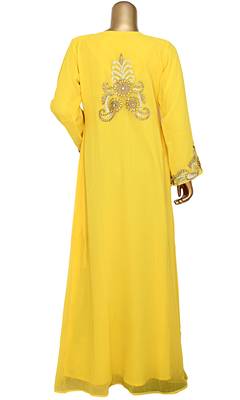 Yellow Embroidered Crystal Embellished Traditional Chiffon Kaftan Gown 4