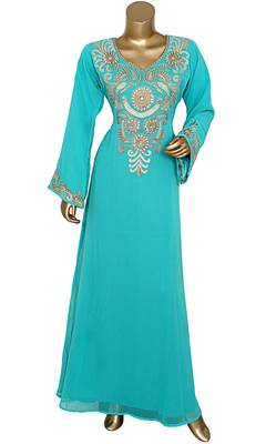 Mint Green Embroidered Crystal Embellished Traditional Chiffon Kaftan Gown 1