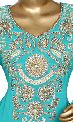 Mint Green Embroidered Crystal Embellished Traditional Chiffon Kaftan Gown 2