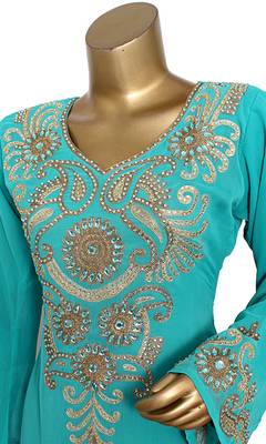 Mint Green Embroidered Crystal Embellished Traditional Chiffon Kaftan Gown 3