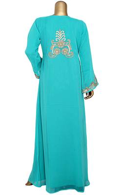 Mint Green Embroidered Crystal Embellished Traditional Chiffon Kaftan Gown 4