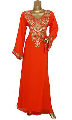 Orange Embroidered Crystal Embellished Traditional Chiffon Kaftan Gown 1
