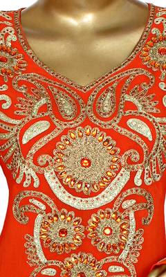 Orange Embroidered Crystal Embellished Traditional Chiffon Kaftan Gown 2