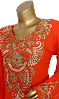 Orange Embroidered Crystal Embellished Traditional Chiffon Kaftan Gown 3