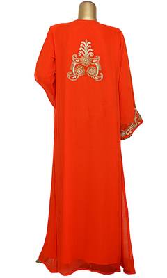 Orange Embroidered Crystal Embellished Traditional Chiffon Kaftan Gown 4