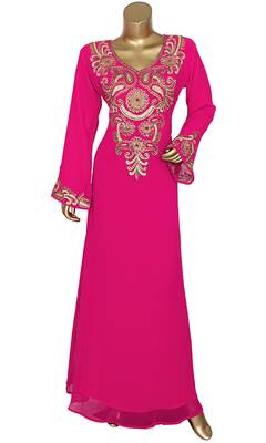 Fuchsia Pink Embroidered Crystal Embellished Traditional Chiffon Kaftan Gown 1