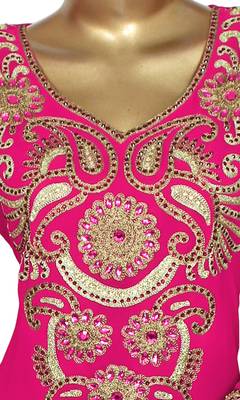 Fuchsia Pink Embroidered Crystal Embellished Traditional Chiffon Kaftan Gown 2